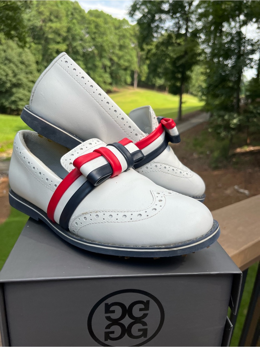 G/FORE Golf Women's White Leather Luxe Loafers with Red & Navy Ribbon 
Classic